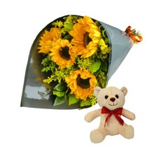 Kit Ramalhete De 4 Girassóis & Pelúcia