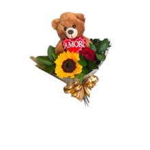 Buquê de Rosas com Girassóis Urso flor 