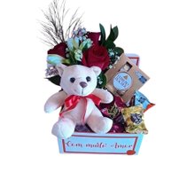 Cesta de Chocolate com Rosas e Pelúcia 