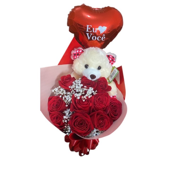 Lindo Buquê de Rosas com Pelúcia
