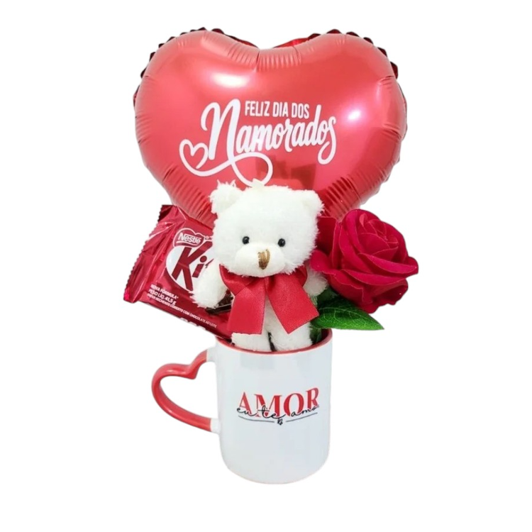 Caneca Namorados Com Ursinho, Balão e Kit Kat