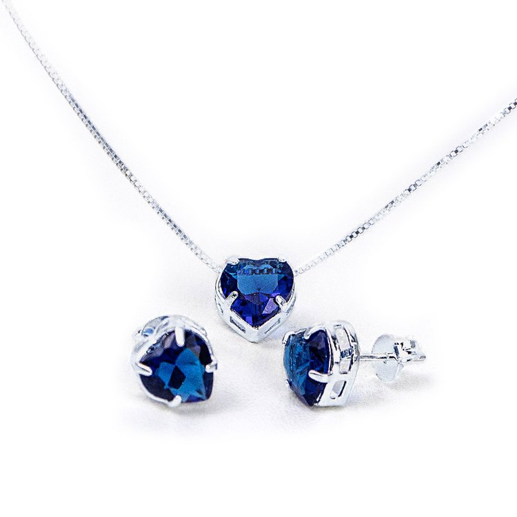 Conjunto de Prata 925 Coração Azul Escuro