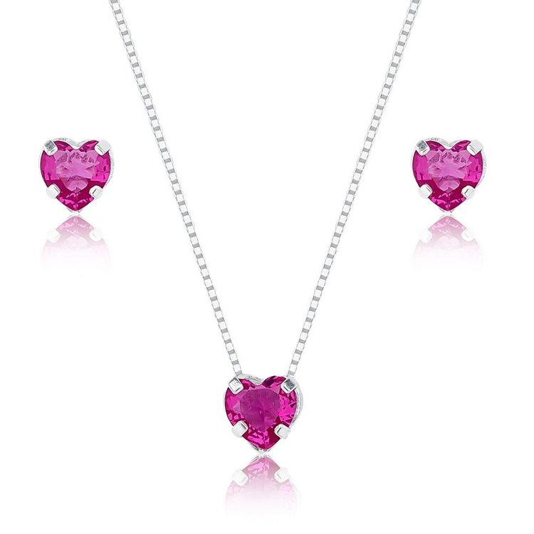Conjunto Colar e Brinco Rosa de Prata 925