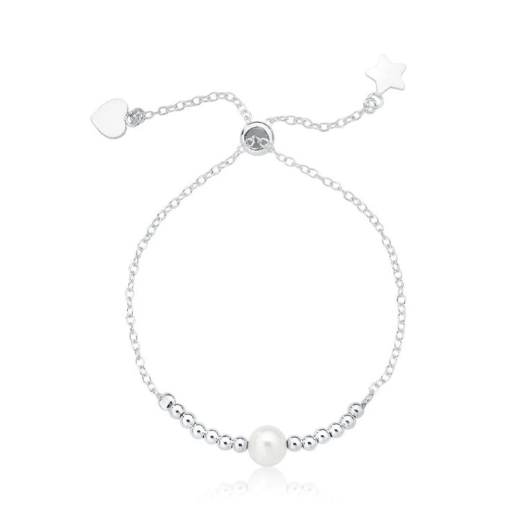 Pulseira de Prata Regulável Bolinhas e Pérola (1mm)