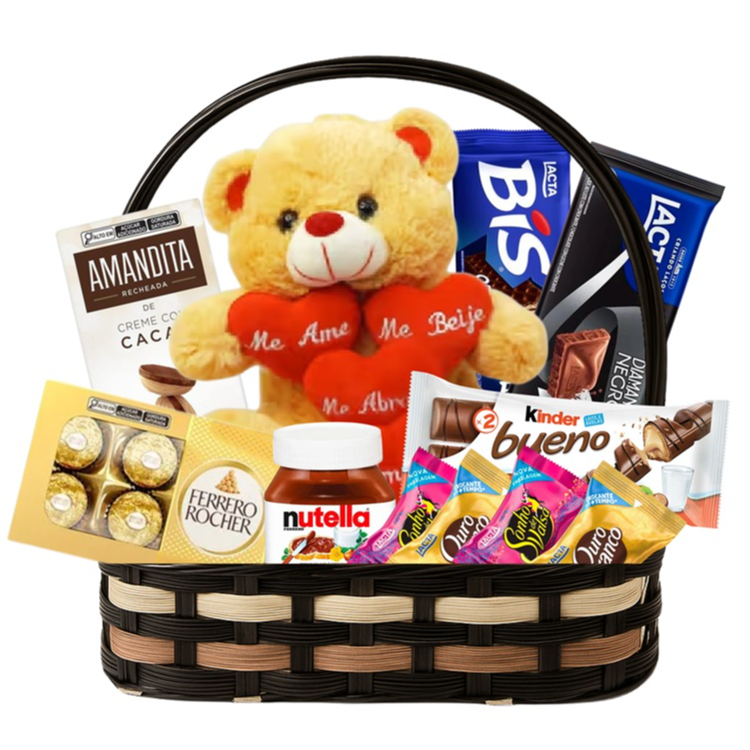 Cesta Romântica com Urso de Pelúcia e Chocolates