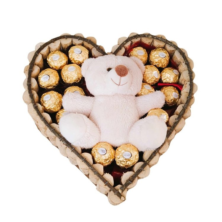 Cesta Coração Rústico M Ferrero Rocher Urso de Pelúcia