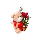 Urso de Pelúcia 20cm Com Coração e Arranjo de Rosa