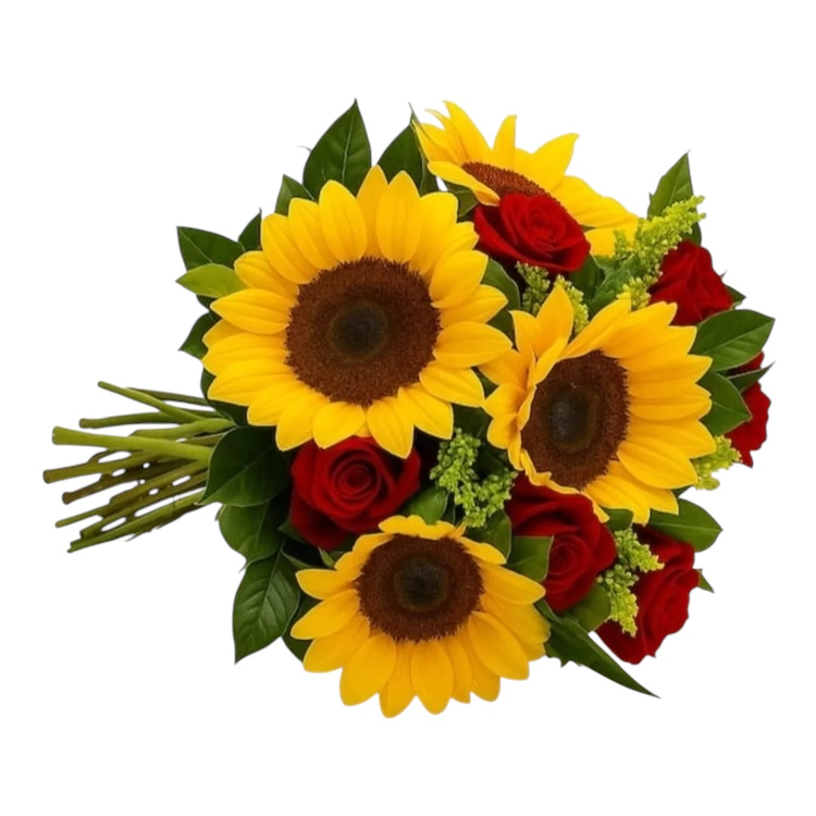 Buquê Especial de 6 Rosas e Girassóis