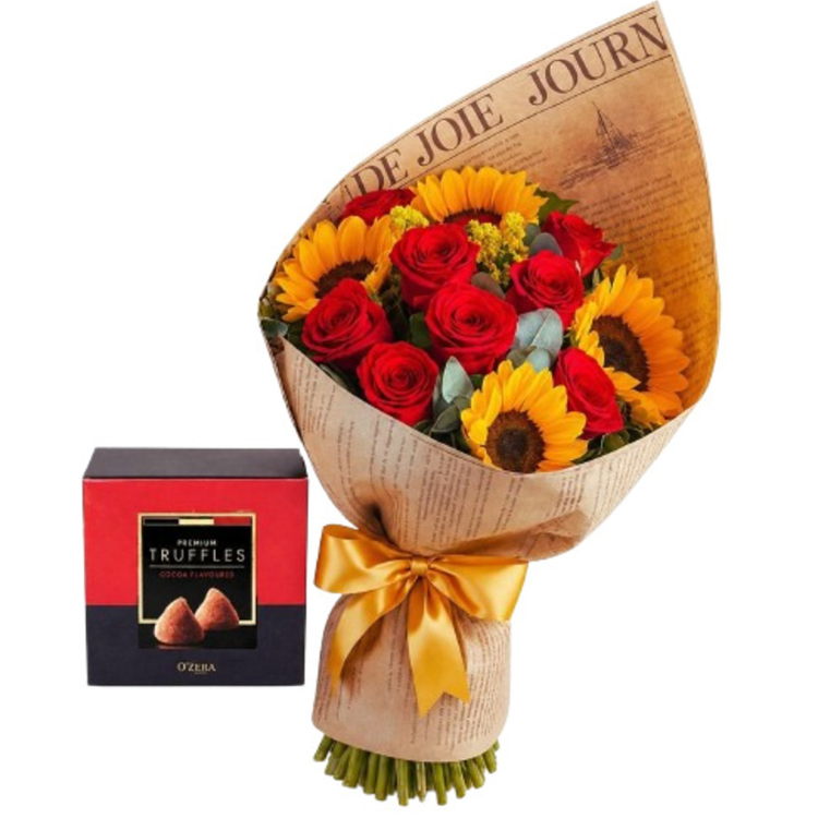 Buquê Encanto Dourado com Rosas Girassóis e Trufas