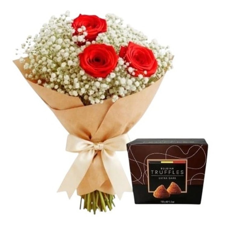 Buquê 3 Rosas Vermelhas e Trufas Belgas