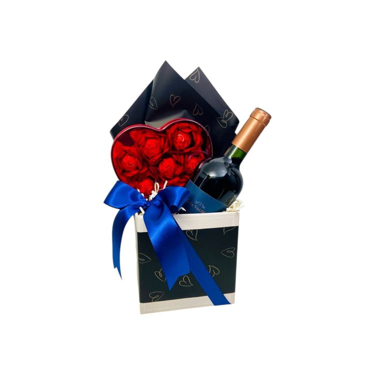 Cesta Dia dos Namorados Azul - Vinho e chocolate
