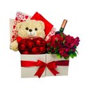 Cesta Namorados - Flores, urso, chocolate e vinho