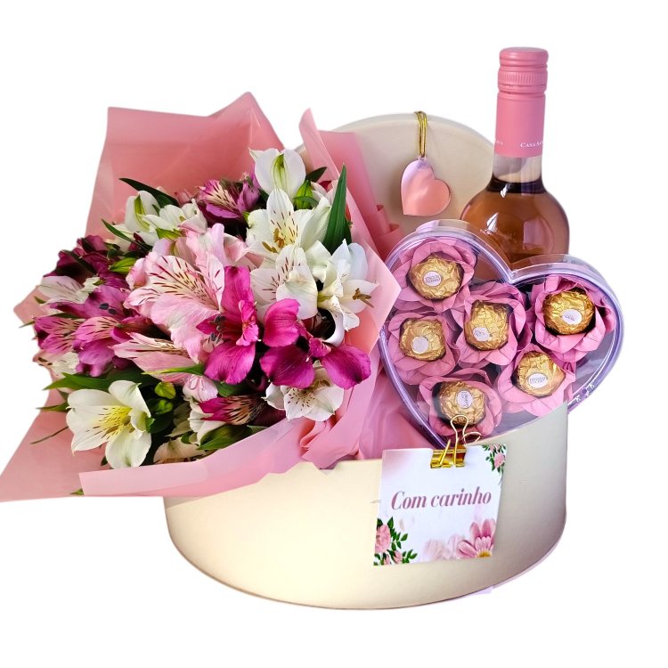Cesta de Presente Flores e Vinho Rosé