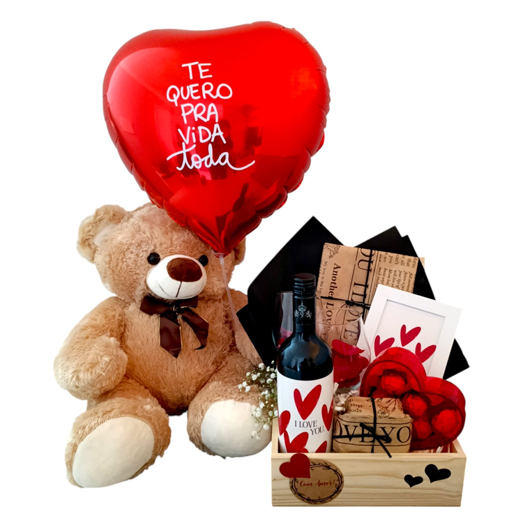 Dia dos namorados Urso Balão Vinho e Taças