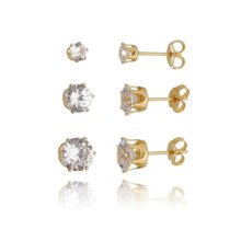 Trio De Brincos Coroa Ponto De Luz Banhado A Ouro 18K