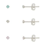 Trio de Brincos Zircônias Coloridas Leitosas 2mm Prata