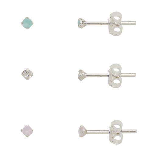Trio de Brincos Zircônias Coloridas Leitosas 2mm Prata