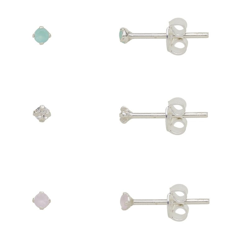 Trio de Brincos Zircônias Coloridas Leitosas 2mm Prata
