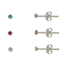 Trio de Brincos com Zircônias Coloridas 2mm Prata 925