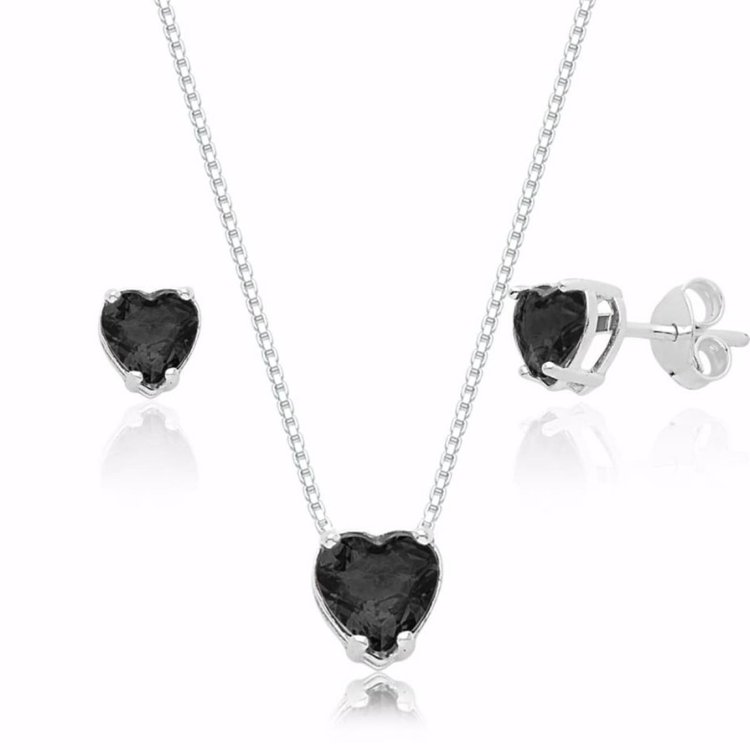 Conjunto de Coração com Zircônia Preta em Prata 925