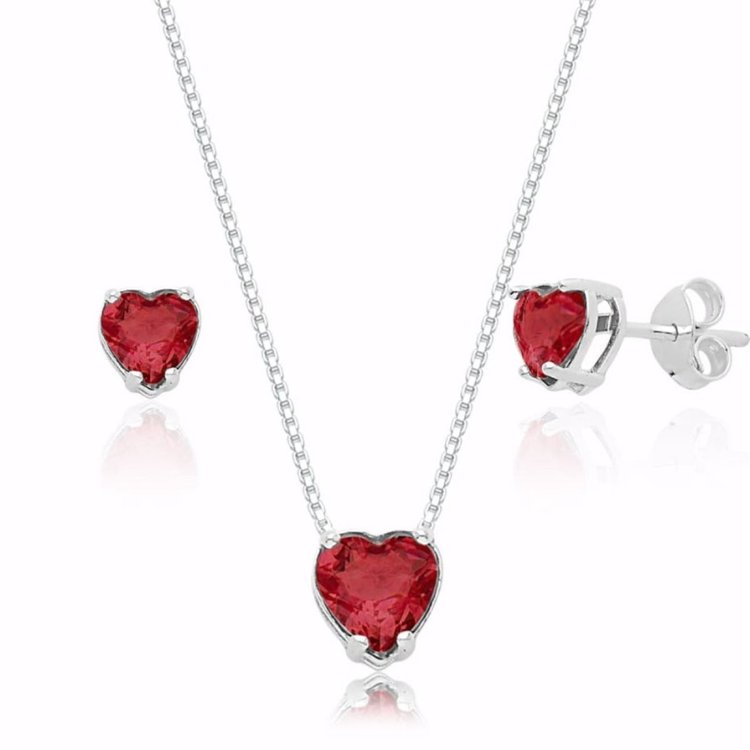 Conjunto de Coração com Zircônia Vermelha em Prata 925