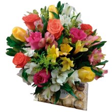 Buquê de Rosas e Astromélias Coloridas 