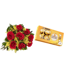 Buquê de 8 Rosas e Ferrero Rocher