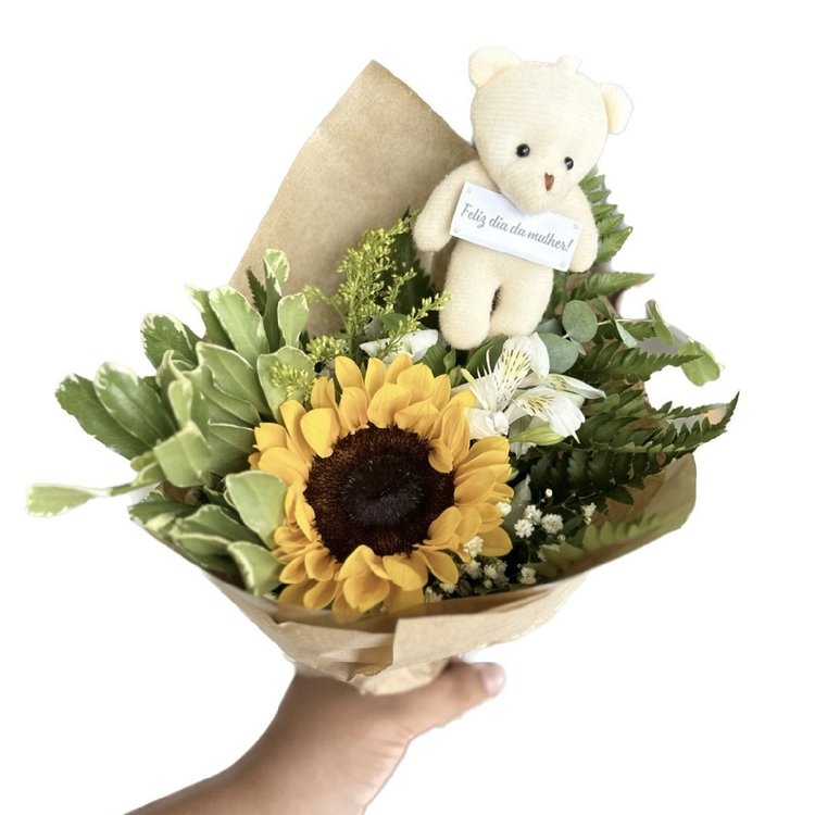 Buquê Girassol e Urso Personalizado